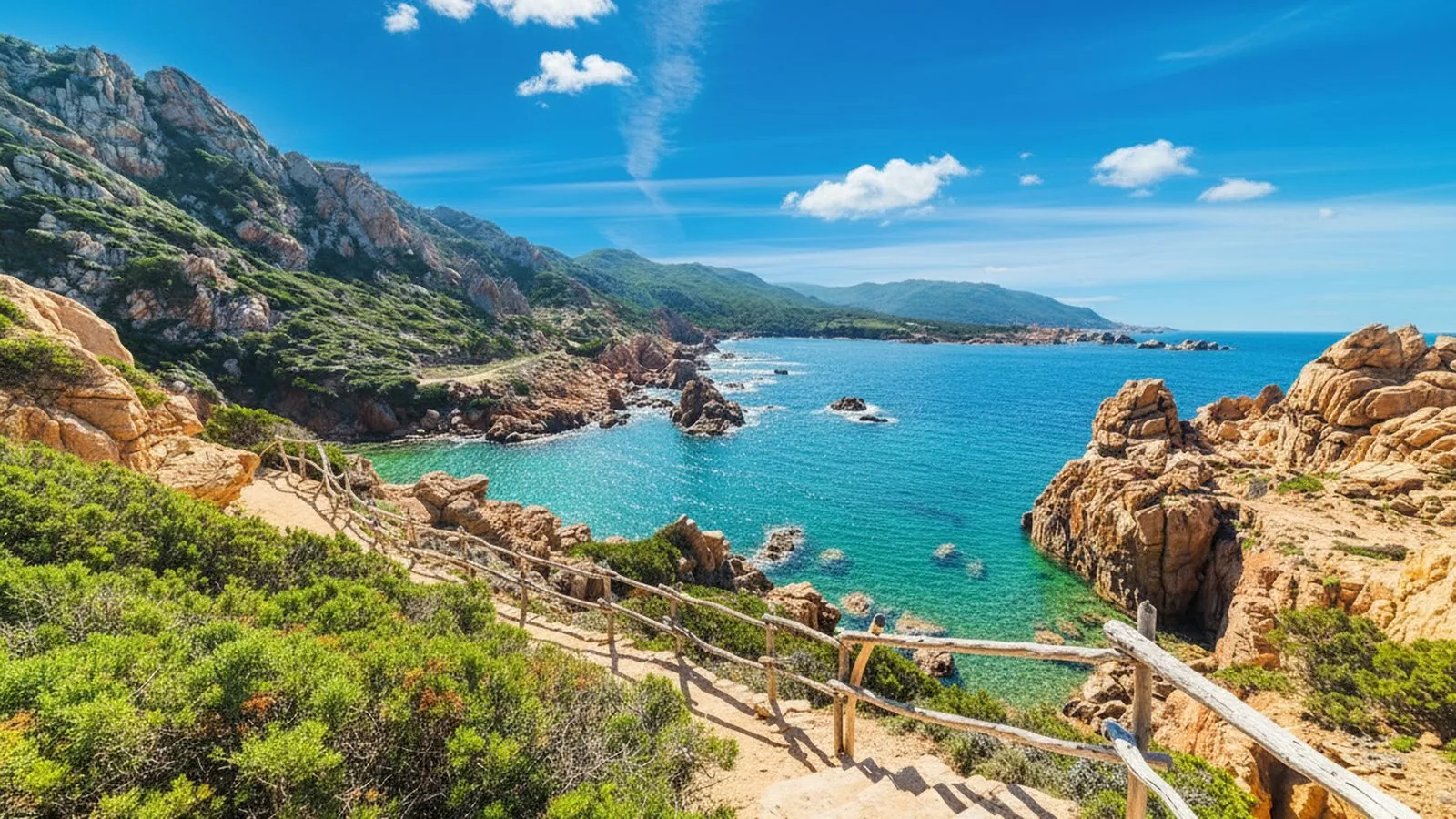 Il sentiero tra la macchia sopra una cala di acqua turchese a Costa Paradiso