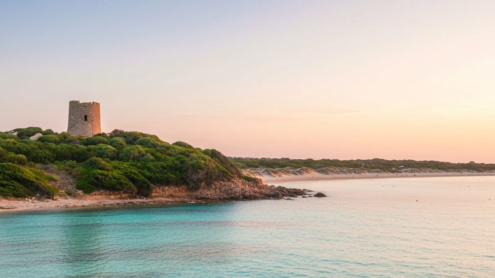 Una torre costiera sul promontorio al tramonto, sul mare della Gallura